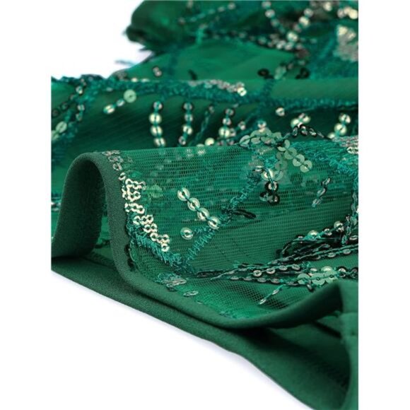 Emerald Sequin Tassel Shiny Embellished Short Sleeve Crop Top Dressy Party Shirt - Picture 5 of 6